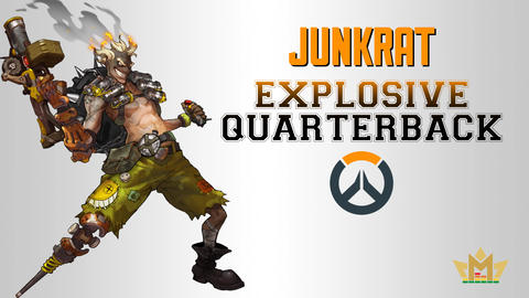 Illustrated image of Junkrat from Overwatch on a white background with the Overwatch logo to the right. Text: Junkrat. Explosive Quarterback.