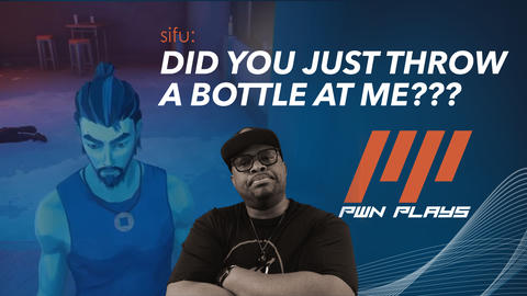 Self portrait with arms crossed wearing a black t-shirt, black baseball cap, and dark rimmed glasses. I am superimposed over a blue background image with a light overlay of the main character from the game Sifu. Text: Sifu: Did you just throw a bottle at me???