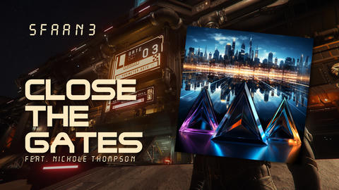 Background: Screen shot from the game Star Citizen at the Lorville City Gates. Foreground: Album cover for Soundtrack for an Automated Night 3 on the right. Text on the left: SFAAN3. Close the Gates feat. Nichole Thompson.